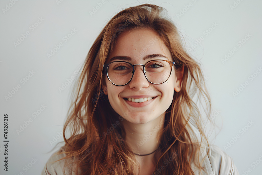 Joyful Professional: Confident Woman in Glasses Beaming on White Background 