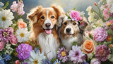 お花とペアの犬のイラスト