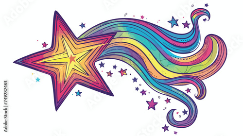 Cartoon linear doodle retro star with rainbow