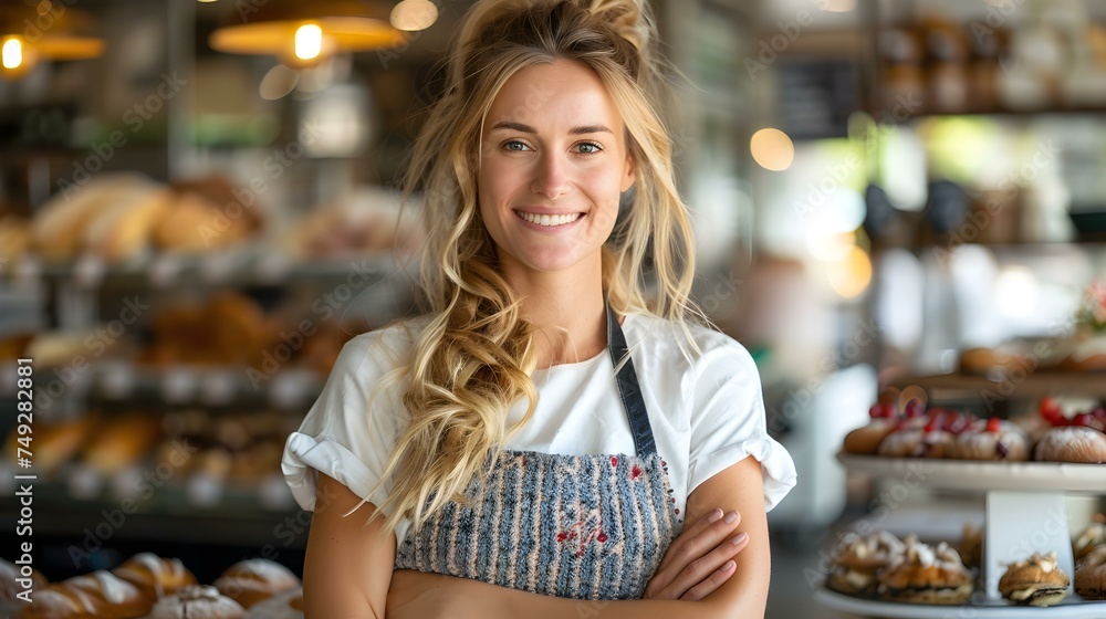 Female entrepreneur confidently managing her bakery business from the counter. Concept Entrepreneurship, Bakery, Female Empowerment, Business Management, Customer Service