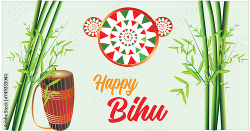 Vector illustration of Happy Rongali Bihu, Assamese New Year, Indian traditional festival, Harvest festival of Assam.	 photo