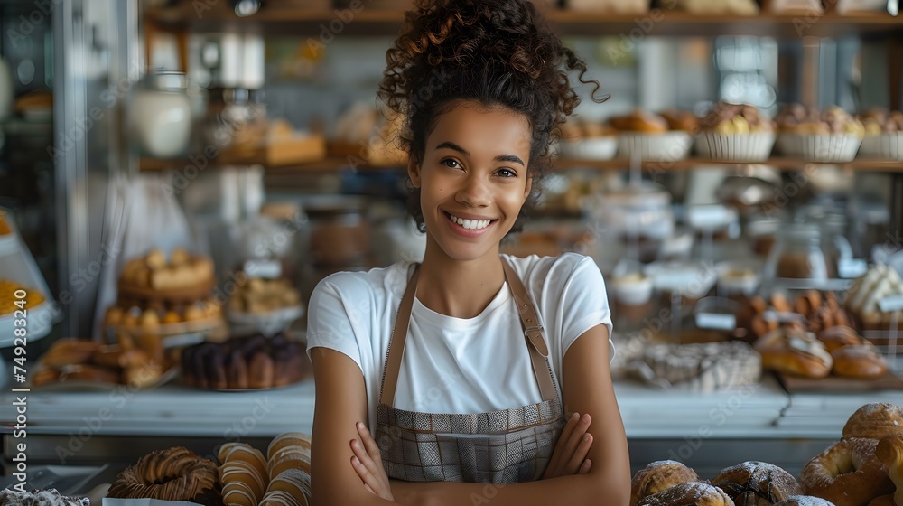 Woman entrepreneur proudly standing at bakery counter overseeing her small business. Concept Small Business Success, Entrepreneurial Spirit, Bakery Owner, Proud Achievement, Woman Empowerment