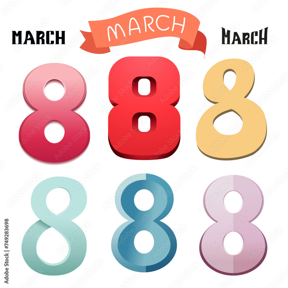 Fototapeta premium Vector set of colorful handwriting text by 8 march. Isolated Number eight by women day. Flat design