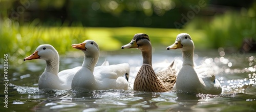 A cluster of Khaki Campbell ducks peacefully float on the rippling surface of a serene lake. The ducks glide effortlessly, their feathers glistening in the sunlight as they navigate the calm waters. photo