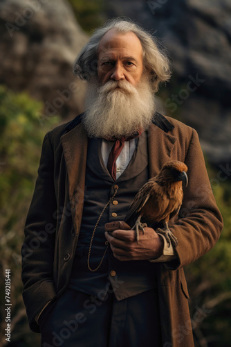 Portrait of Charles Darwin holding a Darwin finch photo
