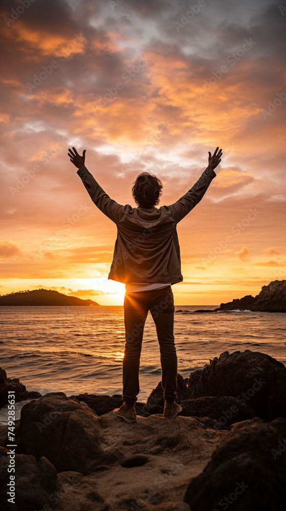 Fototapeta premium Man with Hands Raised to the Sky, Admiring a Breathtaking Sunset