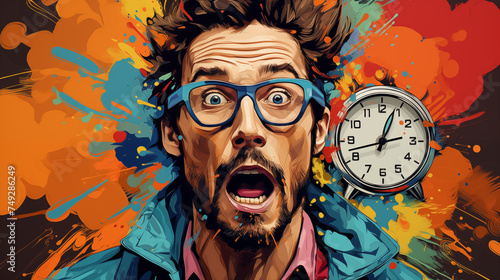 Illustration of a Man with Astonished Face on Paint-Splattered Background