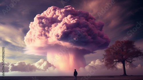 Man Observing Massive Explosion from a Distance