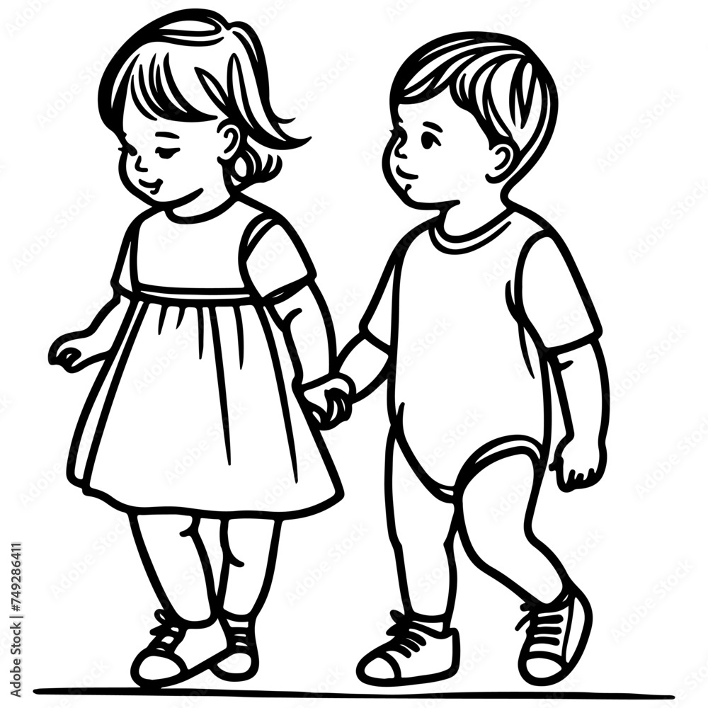 Continuous one black line art hand drawing child walking doodles outline cartoon characters set style coloring page vector illustration on white background Continuous one black line art hand drawing child walking doodles outline cartoon characters set style coloring page vector illustration on white background