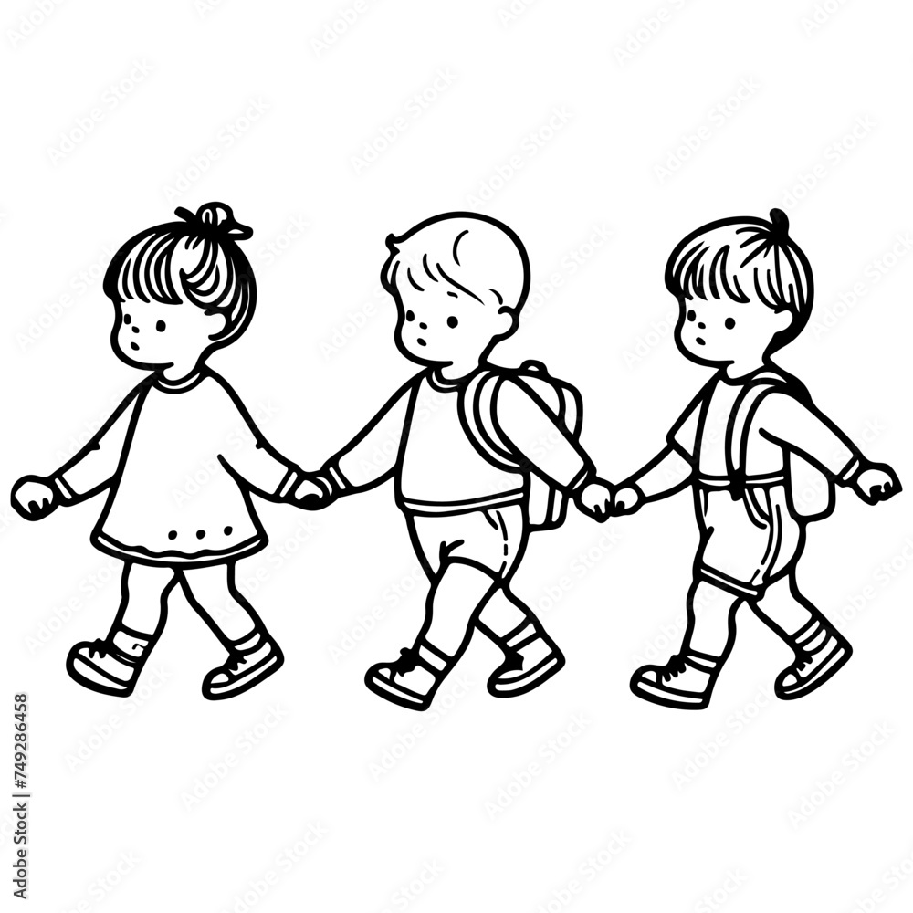 Continuous one black line art hand drawing child walking doodles outline cartoon characters set style coloring page vector illustration on white background Continuous one black line art hand drawing child walking doodles outline cartoon characters set style coloring page vector illustration on white background