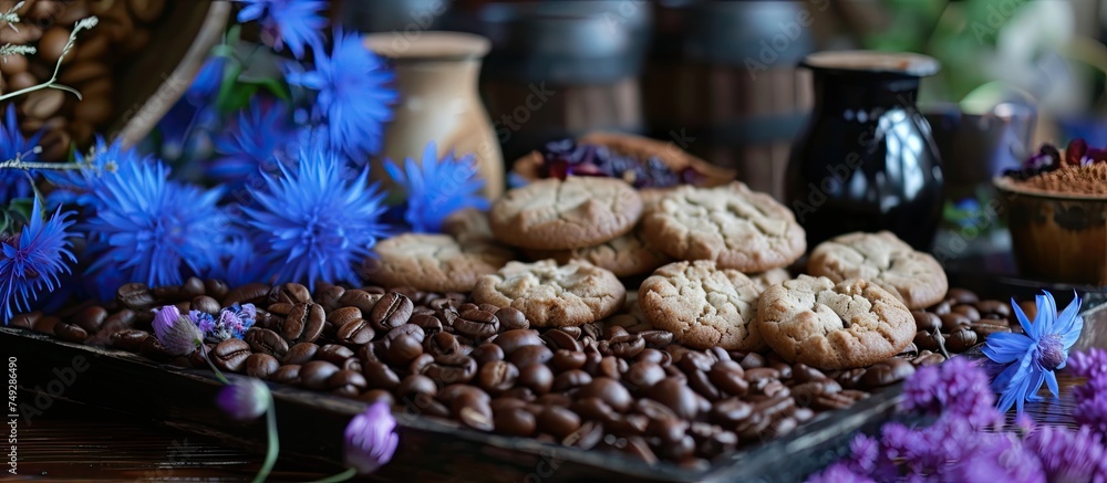 A closeup view of a tray on a table, showcasing biscotti cookies, coffee beans, and eustoma flowers arranged neatly. The warm colors and textures of the cookies and beans complement each other.