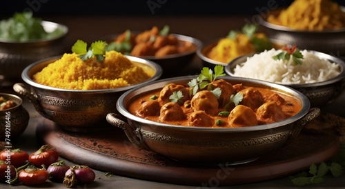 Indian curry selection, Selection of indian food with pilau rice, poppadoms and samosas a popular choice for eating out in european countries, AI generated photo