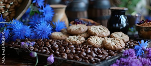 A closeup view of a tray on a table  showcasing biscotti cookies  coffee beans  and eustoma flowers arranged neatly. The warm colors and textures of the cookies and beans complement each other.
