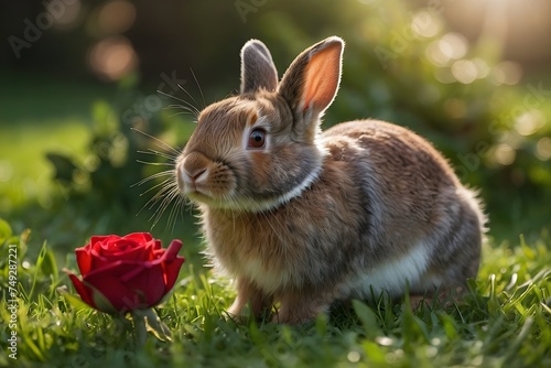 Bunny and red rose, sitting on the grass, background. Holiday concept.