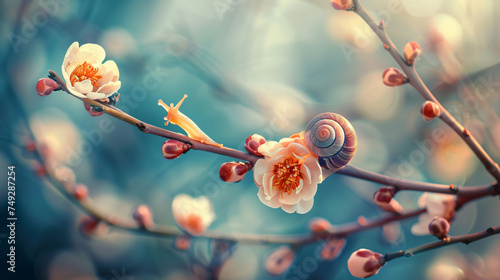 Snail on flower branches in nature #749287254