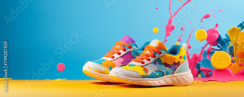 The vibrant colors and fun designs of kids' sneaker shoes, inspiring young minds to express their unique style, Advertising products, banner with copy space