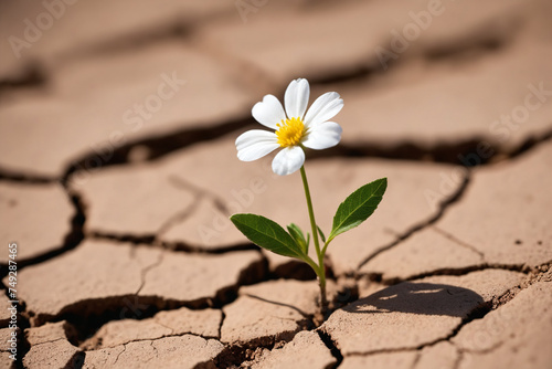 Tiny white flower broke through dry cracked earth photo