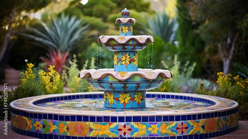 A mosaic-tiled fountain with vibrant, colorful designs complementing its elegance
