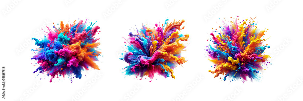 Fototapeta premium Set of Holi liquid colorful splash, illustration, isolated over on transparent white background