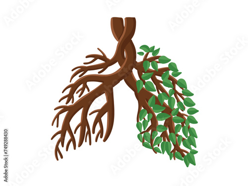 Green human lungs are made from tree branches with leaves on white background. Smoking free or Healthy lungs concept.