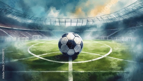 soccer ball in the center of the football field at the stadium - illustration © Valeriya