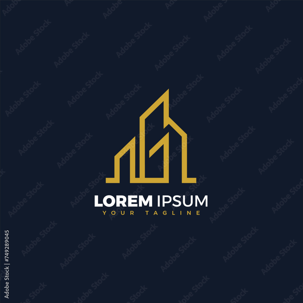 Letter G building, elegant gold building on dark navy background, can be used as a logo. Letter G building, elegant gold building on dark navy background, can be used as a logo.