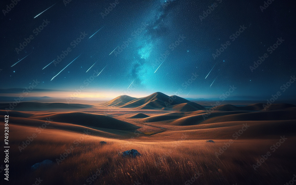 Meteor shower, nature landscape at night filled with meteor showers