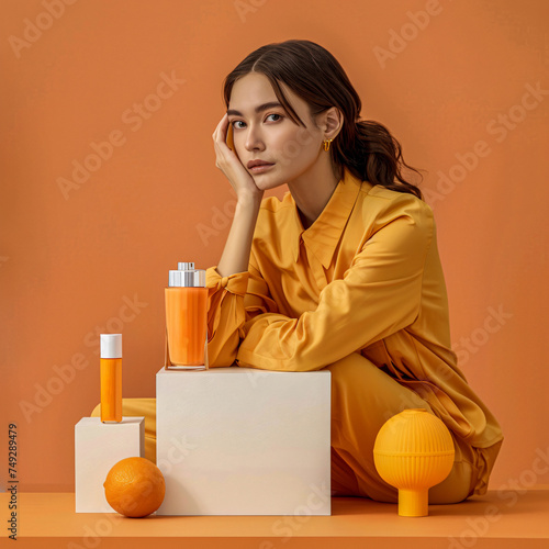 person with cosmetic products mockup 