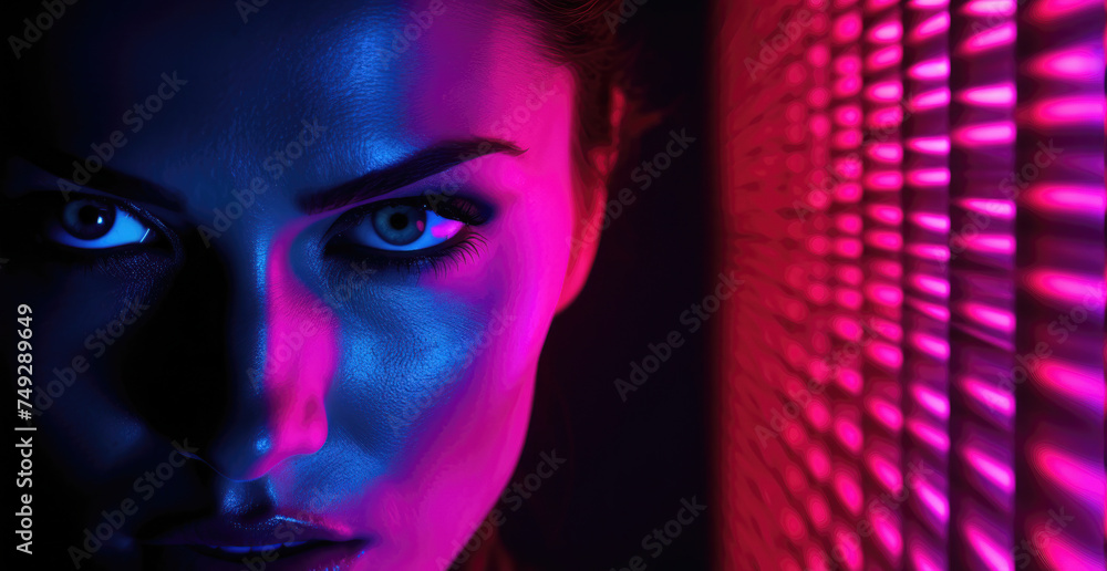 Half-face portrait of a woman with a fierce gaze, illuminated by contrasting blue and pink neon lights creating a dynamic grid pattern. Half-face portrait of a woman with a fierce gaze, illuminated by contrasting blue and pink neon lights creating a dynamic grid pattern.