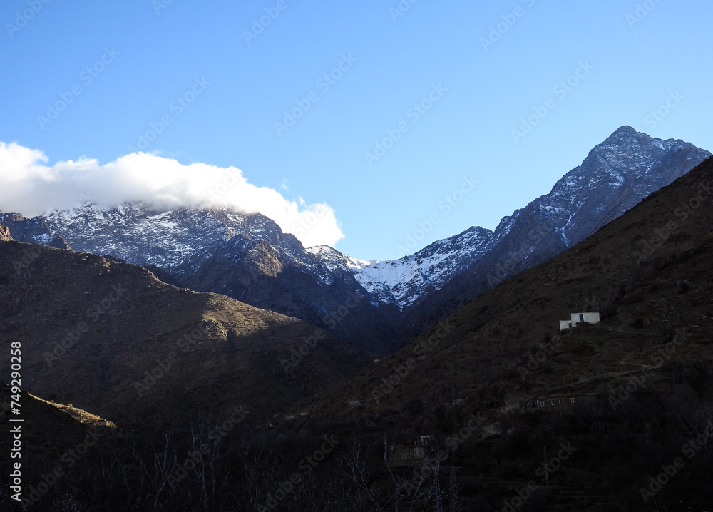 winter in high atlas mountain, Frozen nature, ice and snow, cold landscape, beauty stream. deep mountains Morocco.