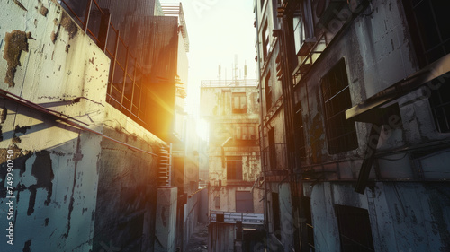 Sunlight filters through an urban alleyway  igniting the decay.