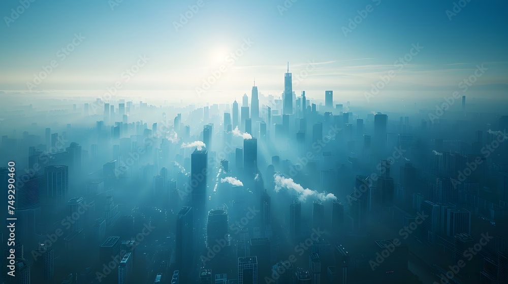 City skyline obscured by toxic haze from air pollution and dust particles. Concept Air Pollution, Toxic Haze, Dust Particles, City Skyline, Environmental Crisis