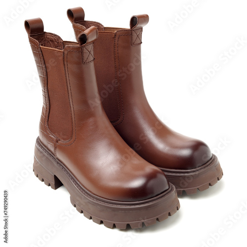 Women leather brown boots on white background