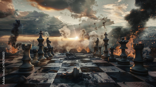 Dramatic chess battle amidst a fiery sky, symbolizing strategic conflict.