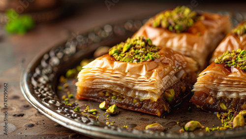Layers of flaky baklava topped with pistachios invite a sweet indulgence. photo