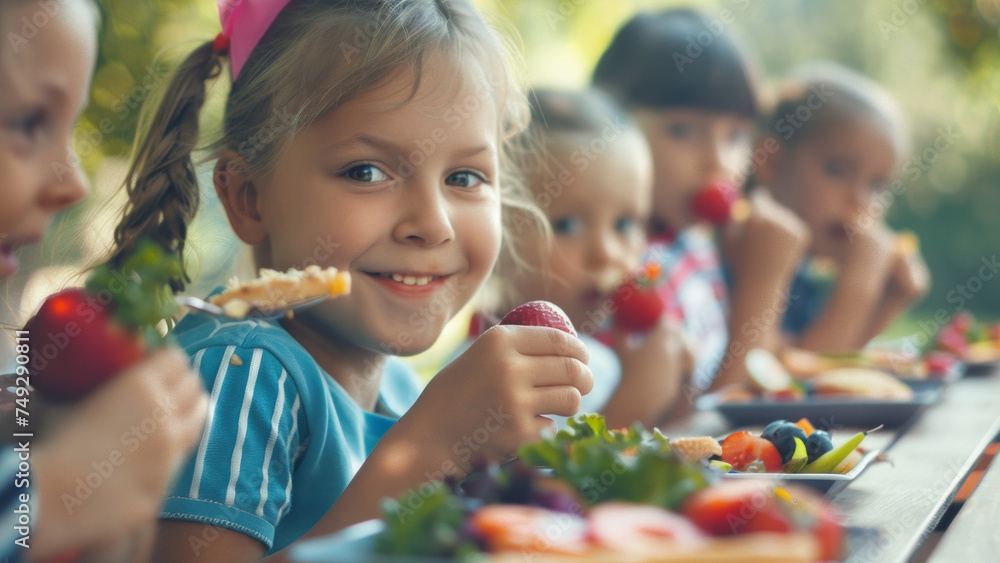 Smiling girl enjoys healthy lunch with friends at a sunlit outdoor table. Smiling girl enjoys healthy lunch with friends at a sunlit outdoor table.