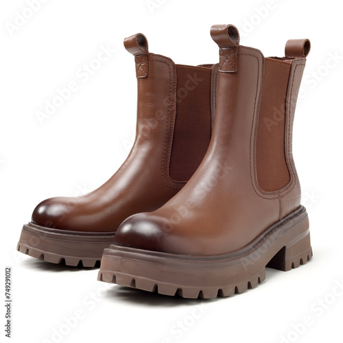 Women leather brown boots on white background