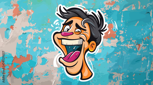 Distressed sticker of a cartoon man laughing
