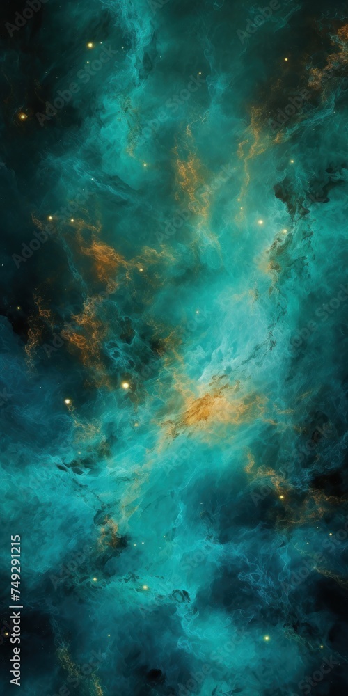 Turquoise nebula background with stars and sand