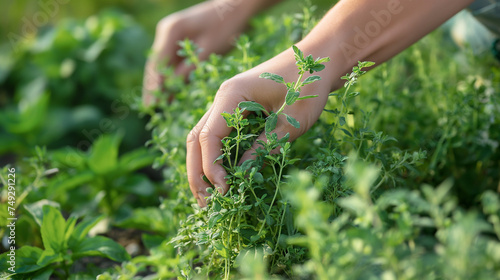 Gentle Hands Picking Fresh Oregano, Close-up of hands carefully harvesting fresh oregano leaves from a lush garden