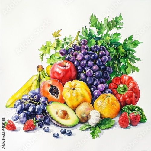 Watercolor painting of fruits and vegetables with a white background