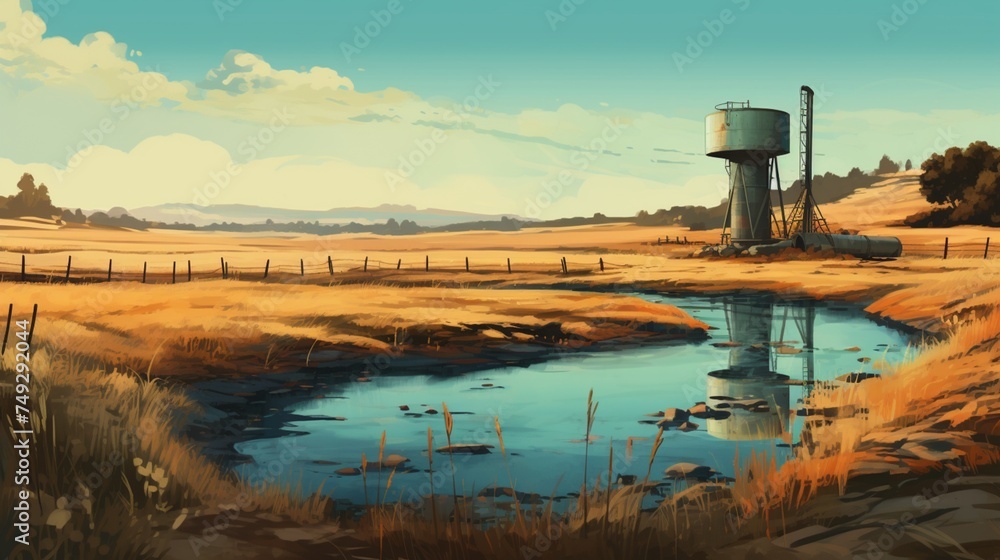 A peaceful digital painting showcasing the functional beauty of an irrigation tube well