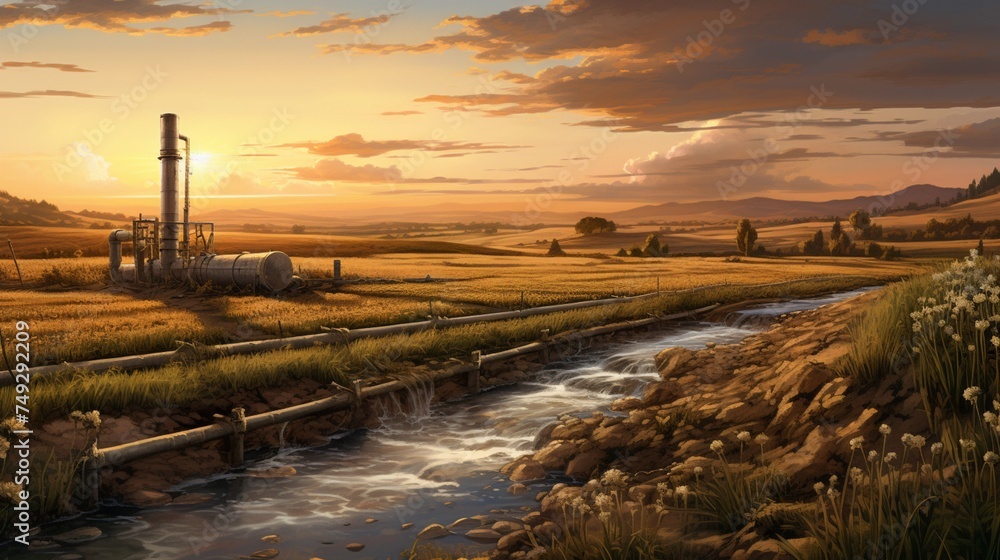 A peaceful landscape featuring a subtle irrigation tube well nourishing the fields