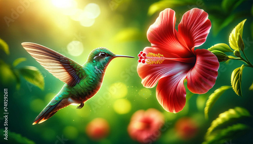Close-up of a flying hummingbird hovering next to a bright red hibiscus flower. The background is a blur of green, depicting a lush garden photo