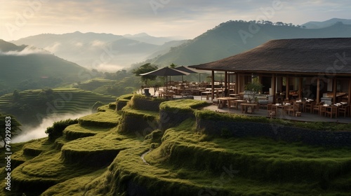 A picturesque hillside restaurant surrounded by terraced fields and farmhouses