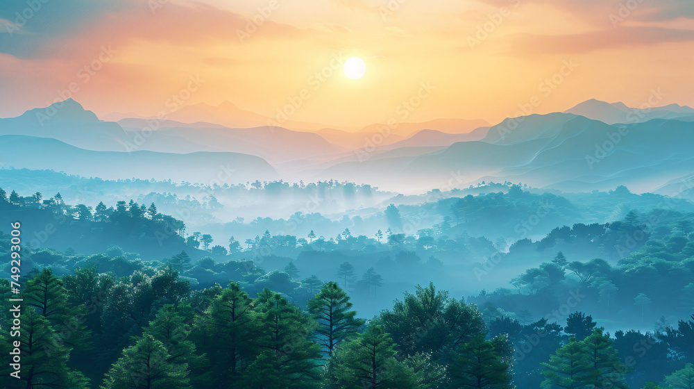 Sunrise over a mountainous landscape with trees.