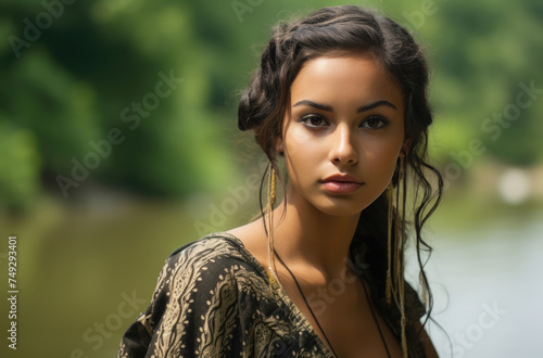 Captivating woman with braided hair and natural backdrop, serene expression.