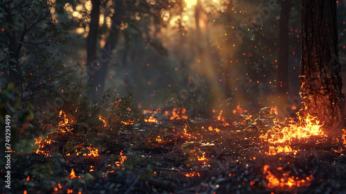 Forest fire. Burning dry grass and trees in the forest at sunset.