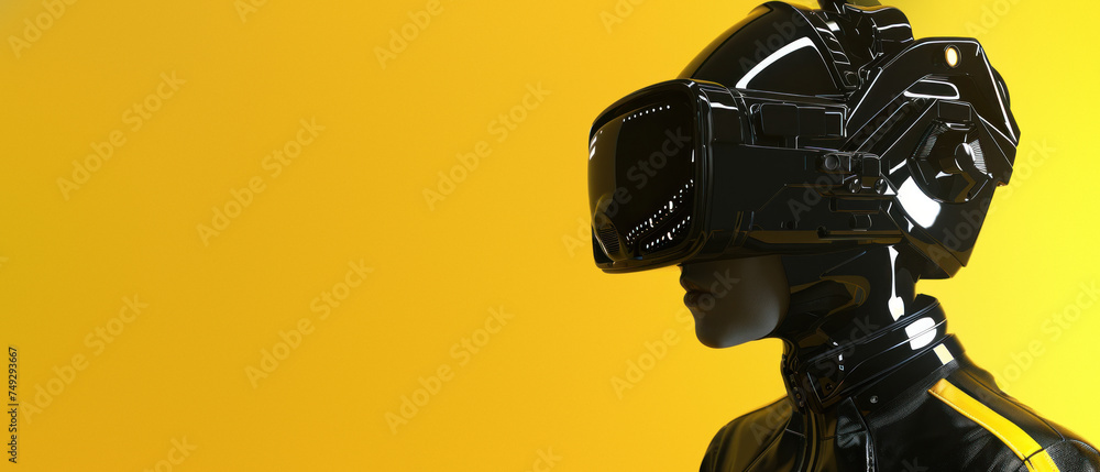 Image captures the head and shoulders of a person in a VR headset, bathed in dramatic lighting that evokes a mood of anticipation