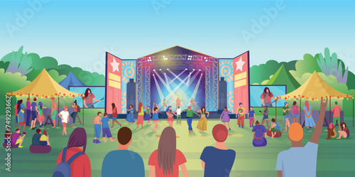 Open air music festival. Music Stages, vector illustration of a crowd of fans waving their arms, dancing, shooting video on their phone. Bright illustration, hand draw, objects grouped and layered.